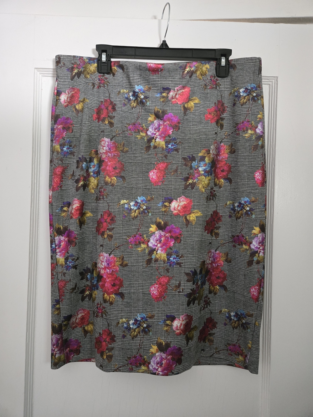 ECI Gray Plaid Pencil Skirt with Pink & Yellow Floral Print